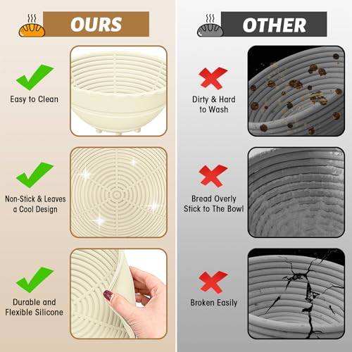 2Pack Bread Proofing Basket Banneton,Silicone Sourdough Bread Baking Baskets,9 Inch Collapsible Proofing Bowl Supplies Set Tool Kit Foldable for Bread Making Sourdough-Beige