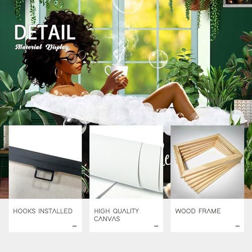 Bathroom Decor African American Wall Art Black Girl In Bathtub Canvas Wall Art Picture Modern Green Botanical Wall Decor Black Woman Framed Artwork For Bathroom Bedroom 8"X10"