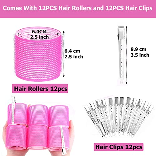 Jumbo 24Pcs Self-Grip Hair Roller Set - 12 Heatless Rollers & 12 Duckbill Clips for Long, Medium Hair Bangs Volume