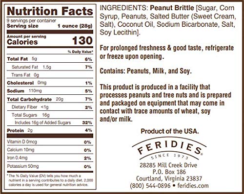 FERIDIES Assorted Snack Nut Gift Pack (Salted Virginia Peanuts, Honey Roasted Virginia Peanuts, Peanut Brittle Crunch and 5 O'Clock Crunch) - 36 ounces total