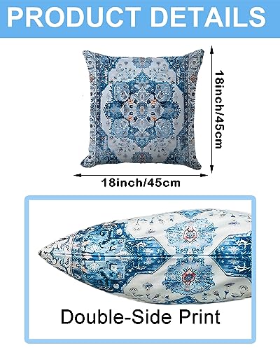 Ethnic Bohemian Pillow Covers 18X18 Inch - Vintage Beige Turkish Carpet Design with Delicate Blue Floral Accents, Decorative Cushion Case for Home Decor, Perfect for Living Room and Bedroom