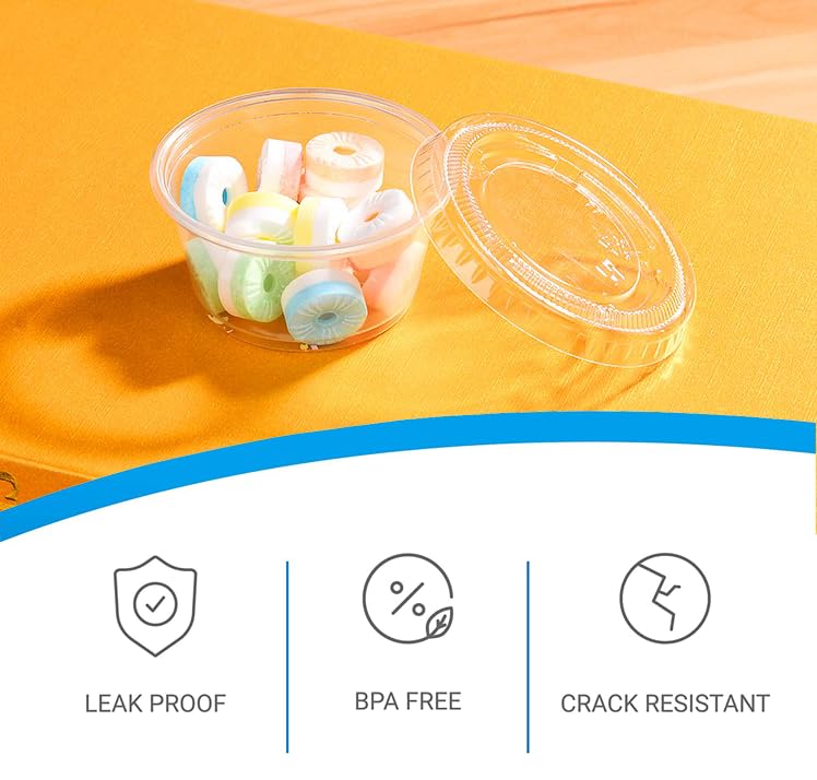EDI [1 OZ, 100 Sets] Clear Disposable Plastic Portion Cups with Leakproof Lids | Jello Shot Cups | Condiment and Dipping Sauce Cups | Souffle Cups | BPA Free | Recyclable