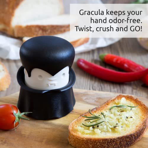 OTOTO Gracula Garlic Crusher, Garlic Peeler, Also for Ginger, Nuts, Chili, Herbs - Twist Top Mincer & Easy Squeeze Manual Press Peeler, Goth Gifts