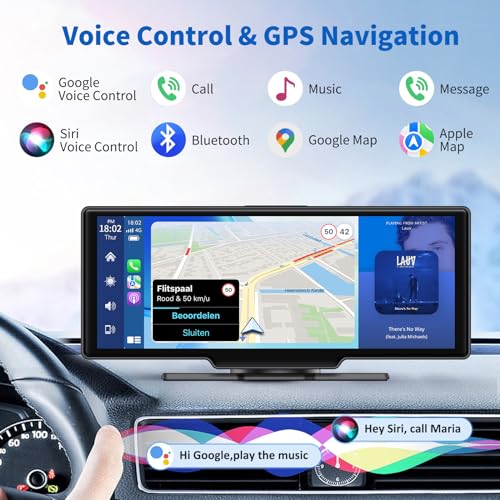 10.26" HD Portable Wireless Carplay & Android Auto Screen with 2.5K Dash Cam, Carplay Screen for Car Support Bluetooth,Mirror Link, Voice Control, GPS Navigation, 1080P Backup Camera+ 64G TF Card
