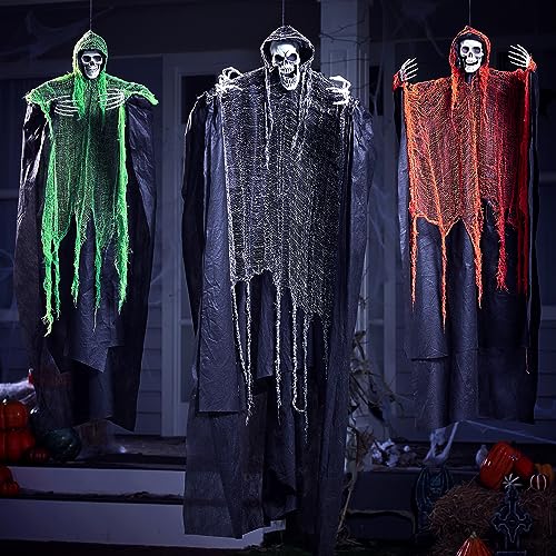 JOYIN 3 Pcs Halloween Hanging Grim Reapers, one 63” Two 47” Grim Reapers, Halloween Skeleton Flying Ghost for Halloween Outdoor Decoration, Haunted Haunted House Prop, Halloween Party Supplies Decor