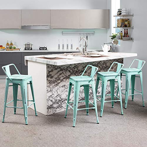 Alunaune 24" Metal Bar Stools Set of 4 Industrial Counter Height Barstools Kitchen Counter Stool Wood Top Low Back-Distressed Blue