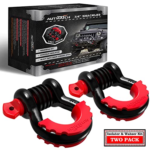 AUTMATCH D Ring Shackle 3/4" Shackles (2 Pack) 41,887Ibs Break Strength, Clevis Shackle with 7/8" Screw Pin and Shackle Isolator Washers Kit for Tow Strap Winch Off Road Vehicle Recovery, Black & Red