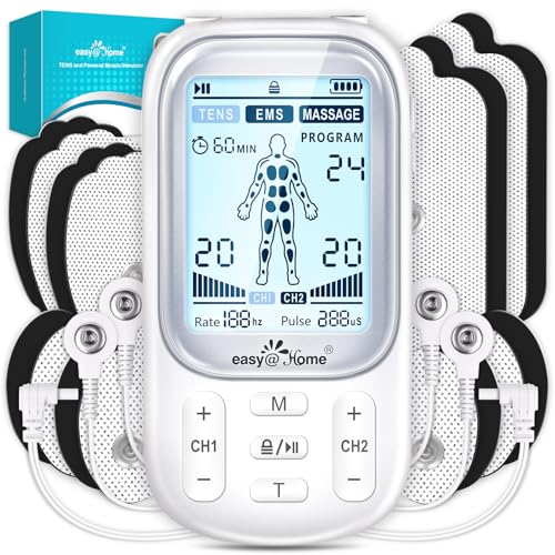 Easy@Home Electronic TENS Unit: Pain Relief Therapy - EMS Pulse Massager Rechargeable Machine - Dual Channel 24 Modes 20 Intensities 16 Pads TENS and Powered Muscle Stimulator EHE020