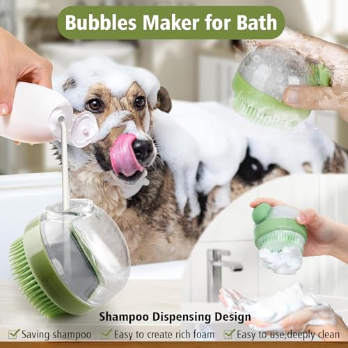 Kwispel Dog Bath Scrubber Brush, 2 PCS Pet Dog Grooming Massage Shampoo Bath Brush with Soap and Shampoo Dispenser Soft Silicone Bristle for Long Short Haired Dogs Cats Shower