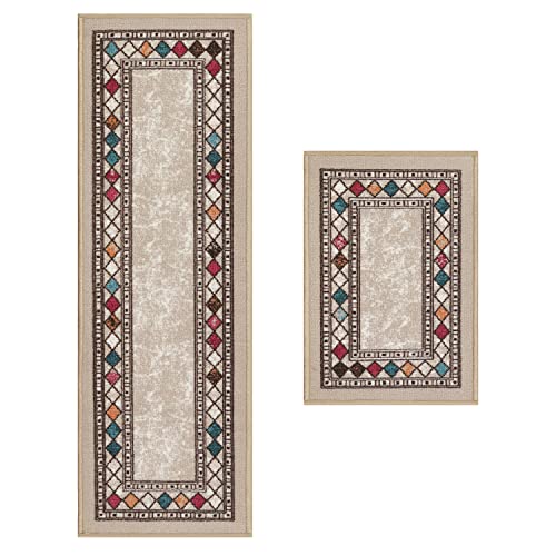 Antep Rugs Alfombras Modern Bordered 2x4 Non-Skid (Non-Slip) Low Profile Pile Rubber Backing Kitchen Area Rugs (Beige, 2'3" x 4')