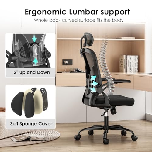 Farini Ergonomic Office Chair, Home Office Desk Chair with Headrest, High Back Computer Chair with Flip-up Armrests and Adjustable Lumbar Support for Home Office Study Room (with Headrest, All-White)