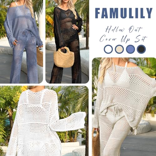 Famulily Womens 2 Piece Crochet Outfits Sexy Hollow Out Cover Up Sets Long Sleeve Tops and Drawstring Long Pants Matching Set Beige S