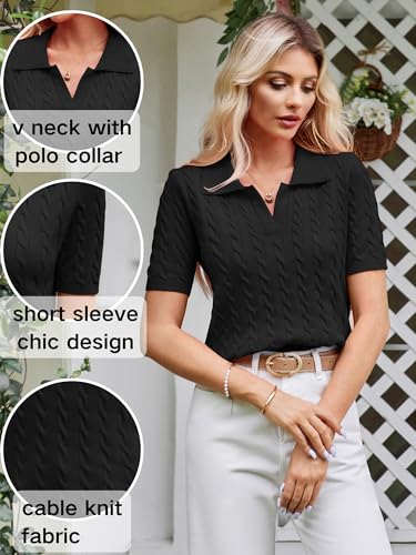Womens Short Sleeve Sweater Tops Cable Knit Casual Summer V Neck Polo Shirts(Black, Small)