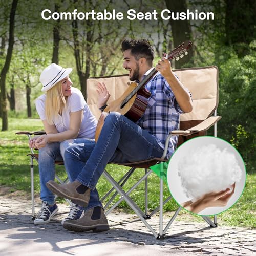 VIVOSUN Double Camping Chair, Fully Padded Folding Loveseat, Portable Oversized Duo Chair with Storage Cup Holders, Height-Adjustable Armrests & Carry Bag, Supports up to 500lbs, Brown & Cream