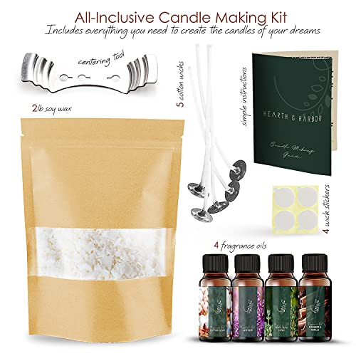 Hearth & Harbor Soy Candle Wax for Candle Making - Natural Soy Wax for Candle Making 2 lb Bag, Premium Soy Wax Flakes, 5 Cotton Candle Wicks, 4 Wick Stickers, & 1 Centering Devices