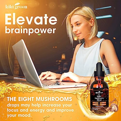 KIKI Green Liquid Mushroom Extract Drops - 8 Mushrooms Complex for Cognitive Support and Immunity Boost - Lions Mane Supplement, Cordyceps, Chaga, Reishi, Shiitake, Turkey Tail, Maitake, Red Reishi