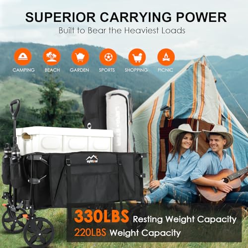 Uyittour Wagon Cart Heavy Duty Foldable, Collapsible Folding Wagon with Compact Folding Design, Utility Grocery Wagon with Side Pocket and Brakes for Shopping, Sports, Camping and Garden