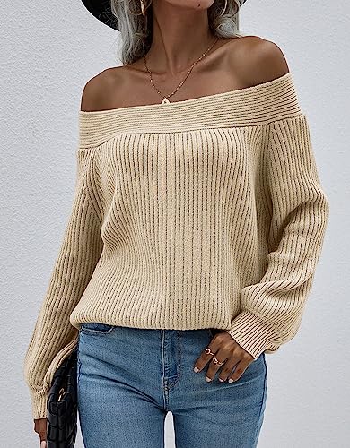 KIRUNDO 2024 Fall Winter Women's Off Shoulder Sweater Long Sleeve Cold Shoulder Ribbed Knit Sweaters Pullover Jumper Tops(Apricot, Small)