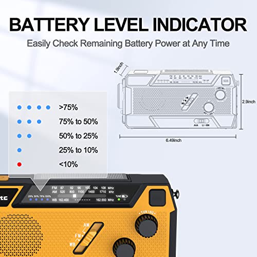 Yesiwtc 7400mWh NOAA Emergency Weather Radio with 3 in 1 Charging Cable Emergency Radio Solar Hand Crank Alert Radio 3 Power Supply Methods with SOS Alarm, Flashlight for Hurricane Emergency