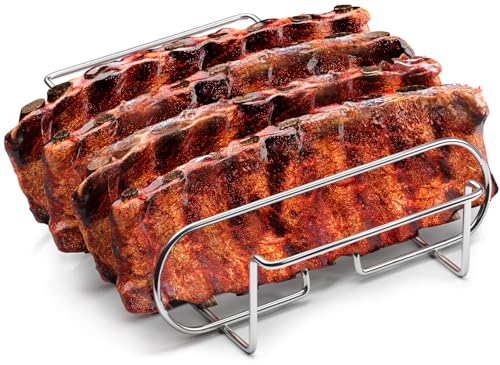 Sorbus Non-Stick Rib Rack - Porcelain Coated Steel Roasting Stand – Holds 4 Rib Racks for Grilling & Barbecuing - Perfect BBQ Accessories for Smoker and Grill - Convenient Design (Stainless Steel)