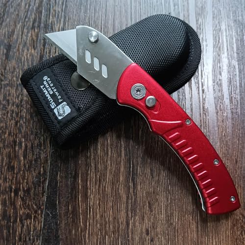 Utility Knife/Box Cutter/Electrician knife/Carpet knife Folding with Safe Lock-Back+Nylon Pouch+10 Extra SK5 Replacement Blades+10 Utility Hook Razor Blades Red
