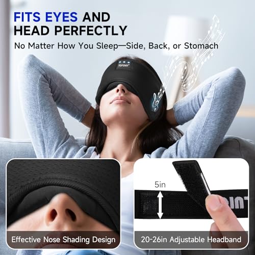 TOPOINT Sleep Mask with Headphones Bluetooth 5.2 Wireless, Sleep Headphone with Microphone Built-in HD Speakers Music, Eye Mask for Sleeping Travel Meditation for Men Women Girl Cool Gadgets
