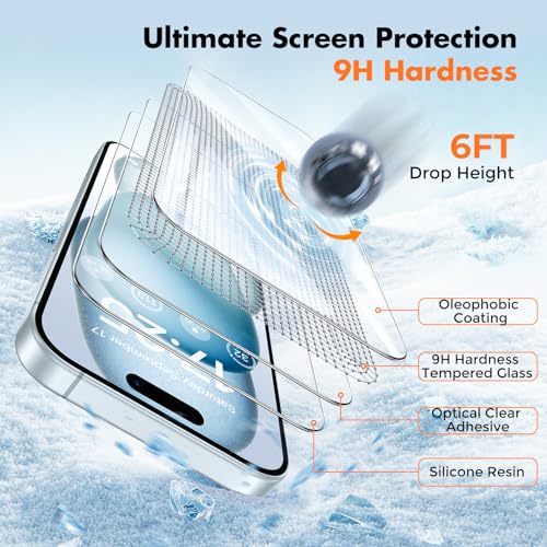 UNBREAKcable Shatterproof Tempered Glass Screen Protector for iPhone 15 [2-Pack] [99.99% HD Clear] [Easy Installation Frame] [9H Hardness] for Apple 6.1”