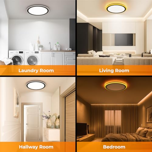 BLNAN 13in LED Flush Mount Ceiling Light Fixture with Remote Control, Dimmable Night Light 2000K, 3000K-6500K 24W Wired Low Profile Light for Bedroom, Kitchen, Living Room, Round Black