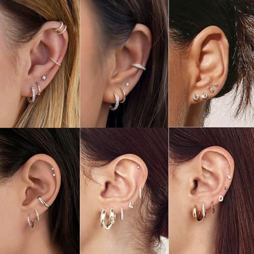 Dainty Silver Stud Earrings Set For Women Non Tarnish Sterling Silver Earrings Hoops Huggie Earrings For women Silver Hoop Earrings Double Piercing Earrings For Two Holes Set