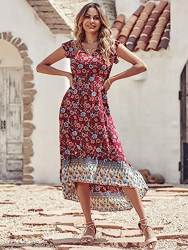 PRETTYGARDEN Women‘s Summer Maxi Dress Floral V Neck Short Sleeve Ruffle Casual Midi Long Dress Black