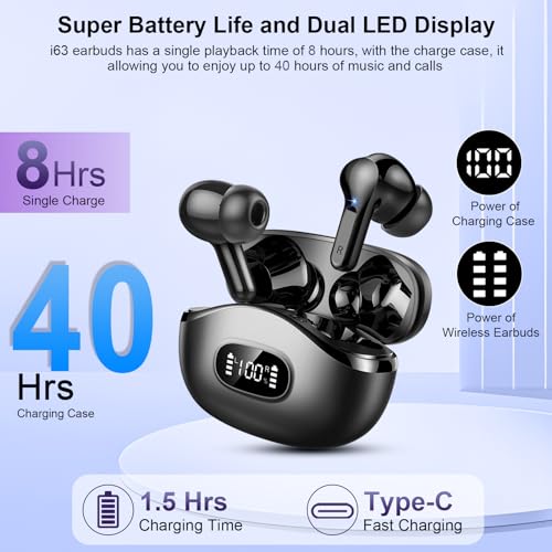 Wireless Earbuds, 2024 Bluetooth Headphones 5.3 HiFi Stereo Ear buds with ENC Noise Cancelling Mics, 40H Bluetooth Earbuds with Dual LED Display Charging Case, IP7 Waterproof Earphones for Android iOS