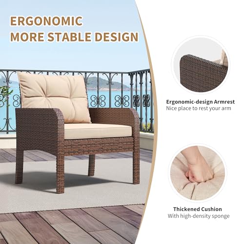 LHBcraft 4 Piece Patio Furniture Set Small Outdoor Furniture, Patio Conversation Sets Rattan Wicker Sofa Set with Cushions & Coffee Table, Tempered Glass Table Top and Storage Shelf, Brown