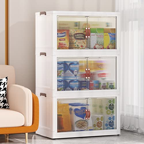 SAILUN 3 Pack 16 Gal Stackable Folding Storage Bins with 4 Lids, Closet Organizers and Storage, Folding Storage Box with Doors Collapsible Storage Cabinet Bins (22" Wx13.8 Dx38.5 H)