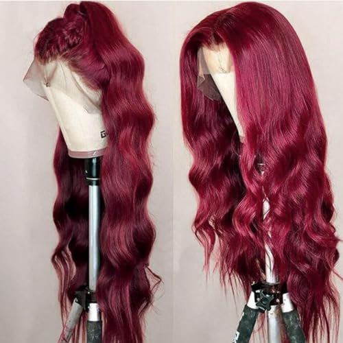 Bestdilin 13x4 99j Burgundy Lace Front Wigs Human Hair 220% Density Body Wave Lace Frontal Wig Pre Plucked with Baby Hair 20 Inch HD Transparent Lace Wine Red Colored Glueless Wigs for Women