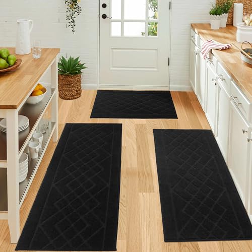 BEQHAUSE Washable Kitchen Rugs Sets of 2 Non Slip Kitchen Mats for Floor Absorbent Soft Kitchen Runner Rug for Kitchen Decor,Bathroom,Sink,Hallway,Door,Laundry,20”x30”+20”x48”,Black