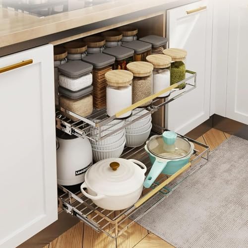 GEDLIRE Expandable Pull Out Sliding Drawers for Cabinets, Heavy Duty Slide Out Cabinet Organizer Basket, Pullout Pantry Shelves for Kitchen, Under Sink, Wardrobe, 10.1"-16.4" W x 17.3" D