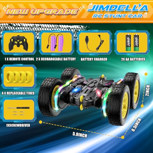 Jimdella Remote Control Car,RC Cars with sides light strip and Headlights,Double Sided 360 Flips Rotating RC Stunt Car,2.4Ghz All Terrain Toys for Ages 4-6 Kids Toy for Boys Girls Birthday Gift(black)