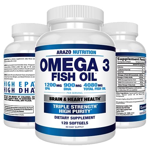 Arazo Nutrition Wild Caught Omega 3 Fish Oil – 60 Soft Gels – 4,080mg High EPA 1200mg DHA 900mg Lemon Flavor Burpless Softgels