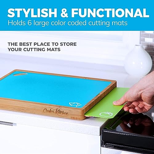 Cutting Board Set - Easy-to-Clean Bamboo Wood Board with 6 Color-Coded Flexible Cutting Mats with Food Icons - Chopping Board Set, Cutting Boards For Kitchen, Wood Cutting Boards For Kitchen