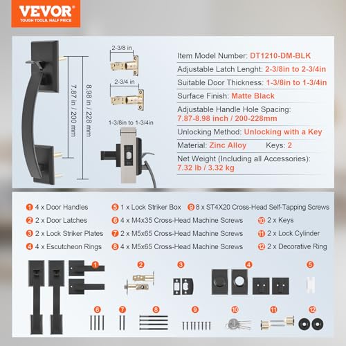 VEVOR Front Door Handle, Matte Black Square Handle Set with Lever Door Handle No Lock, Adjustable Hole Space, Entry Door Handle with Reversible for Right and Left Handed Entrance and Front Door