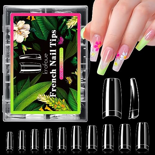 krofaue Clear False Nails Tips - French Nail Tips 200PCS Half Cover Nails French Lady Soft Gel Style Manicure with Box of 10 Sizes for Professional Nail Salons and Extensions Home DIY