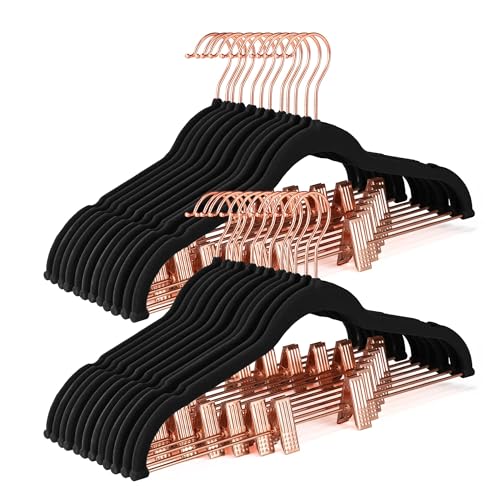 HOUSE DAY Velvet Pants Hangers with Clips 24 Pack, Ultra Thin Non Slip Velvet Skirt Hangers with Rose Gold Hooks Space Saving Clothes Hanger for Trouser, Skirts, Jeans, Dress, Coats (Black)