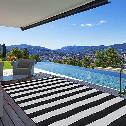 Pcinfuns Plastic Straw Rug,Patio Rugs RV Camping Rug Reversible Mat,4'x6' Large Floor Mat and Rug for Outdoor,Black and White Stripes