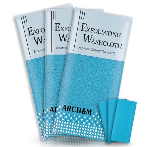 ARCH&M Exfoliating Washcloth Towel Japanese Washcloth Nylon Bath Wash Towel Korean Exfoliating Towel Beauty Washcloth Sponge Loofah Body Scrub Back Scrubber for Shower Cloth 3 Pack (Blue x 3)