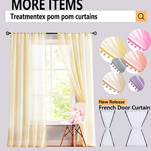 Treatmentex Pompom Sheer Yellow Curtains for Living Room Bedroom Nursery Room 72 inch Long Linen Texture Curtain Drapes for Kids Room 2 Panels Rod Pocket