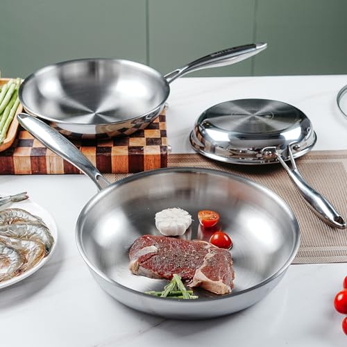 SLOTTET 8 Inch Tri-Ply Stainless Steel Frying Pan,Whole-Clad No Coatings Skillet with Stay-cool Handle for Cooking,Dishwasher and Oven Safe,Induction Pans