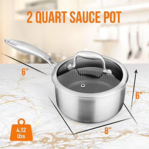 NutriChef 2 QT Stainless Steel Sauce Pot - Triply Kitchenware Sauce Pot with Glass Lid - DAKIN Etching Non-Stick Coating, Scratch-resistant Raised-up Honeycomb Fire Textured Pattern - NutriChef NC3PSP