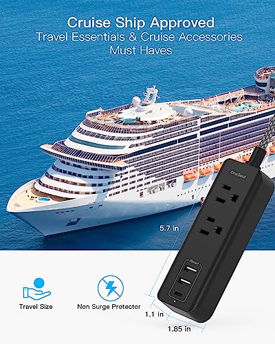 Cruise Essentials, USB C Travel Power Strip, Flat Plug Power Strip with 2 Outlets 3 USB Ports (1 USB C), Flat Extension Cord USB Charging Station, Non Surge Protector for Cruise, Travel, Home