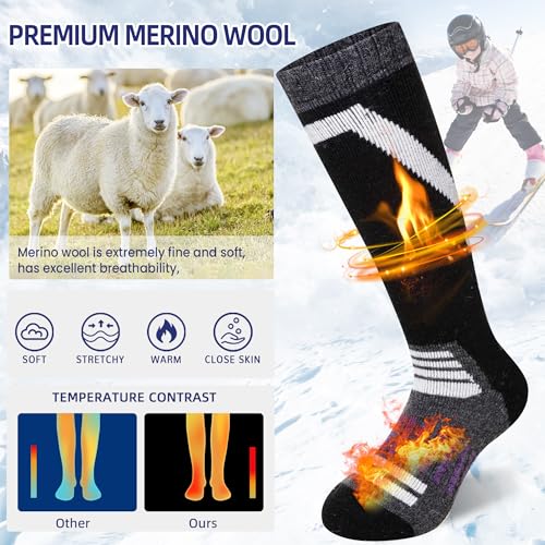 Kids Ski Socks Merino Wool Winter Warm Thermal Hiking Snowboarding Knee High Heavy Boot Socks for Toddler Boys Girls 2 Pairs(Black/Grey, 4-7 Years)