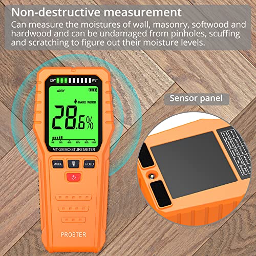 Proster Pinless Wood Moisture Meter - Non Destructive Moisture Tester for Wood Wallboard Masonry, Detect up to 3/4 Inch Below Surface, Backlit Color LCD, Visual Audible Alarm